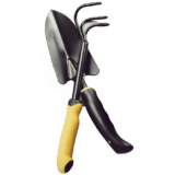 Black and yellow handled garden trowel and cultivator tools representing landscaping and gardening services by Colin Can Help