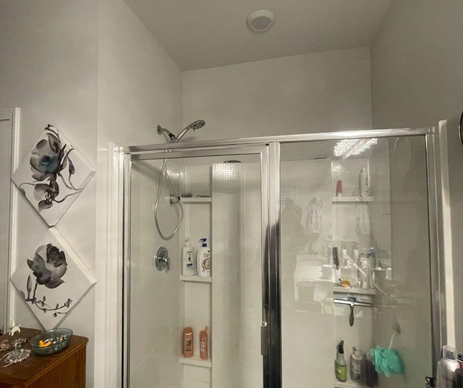 Before photo of a bathroom shower area with white walls and decorative flower artwork, Cleveland home.
