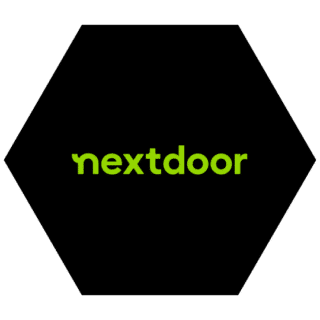 Nextdoor logo in green text on a black hexagonal background.