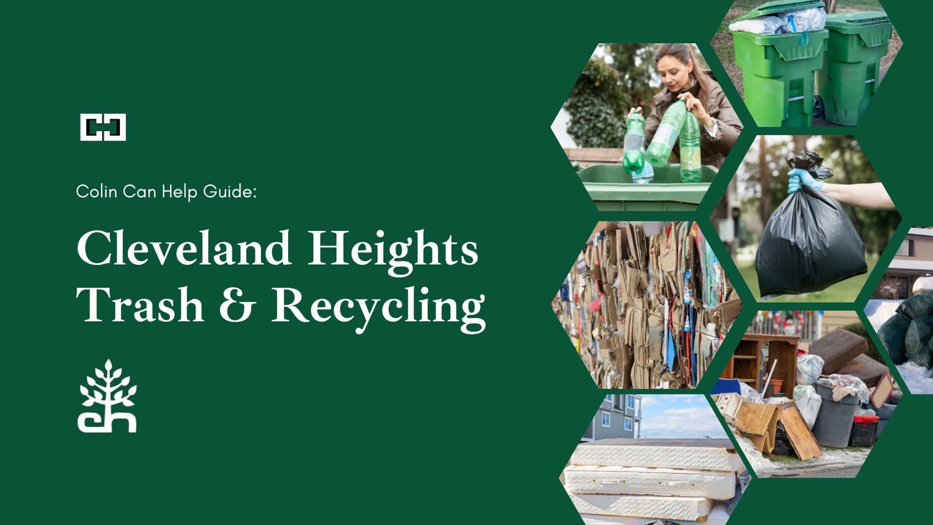 Trash and recycling bins with clear signage for proper waste disposal in Cleveland Heights, featured in Colin Can Help’s guide.