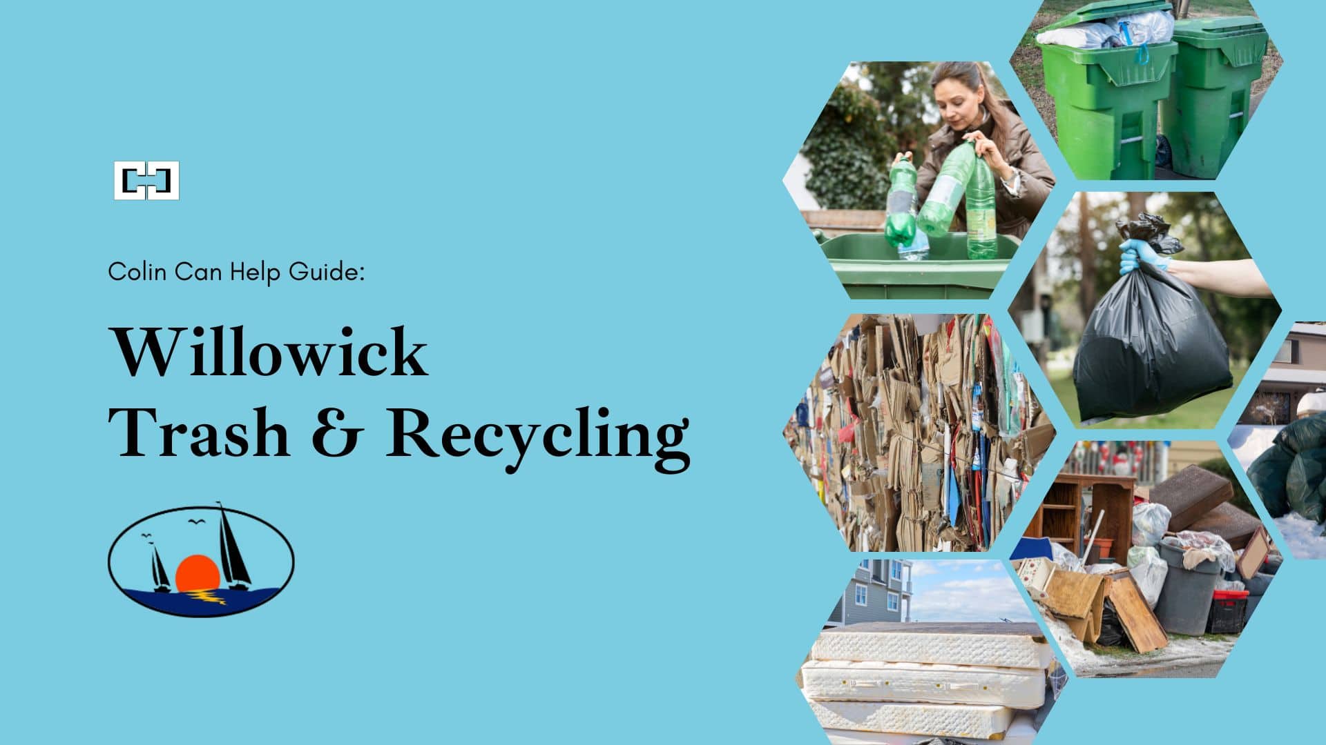 Collage highlighting Willowick trash and recycling services, featuring green recycling bins, cardboard, garbage bags, and bulk waste like mattresses and furniture.
