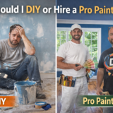 Split image: frustrated DIY painter sitting in a messy room vs. confident professional painter Colin from Colin Can Help with paint chips