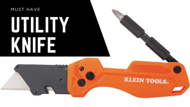 Klein Tools folding utility knife with screwdriver bit used for cutting drywall sheets