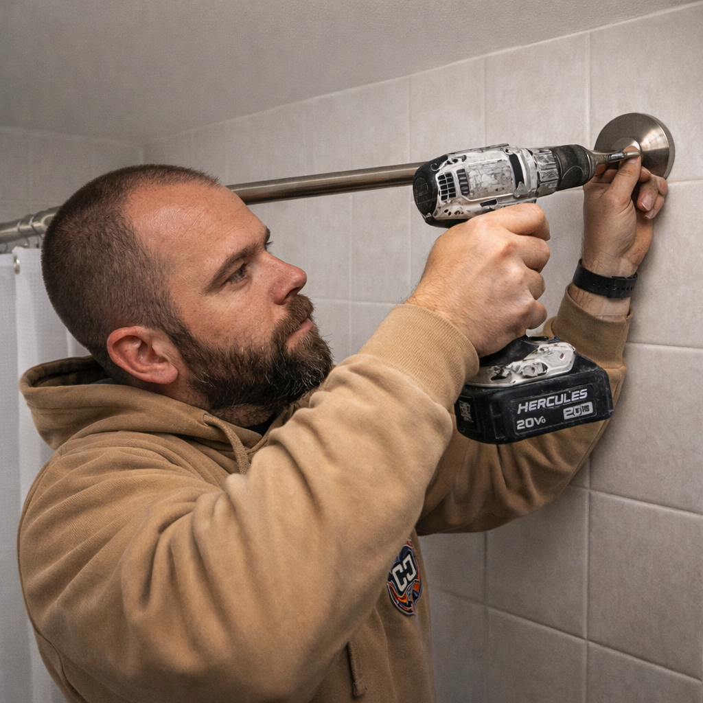 Colin Can Help handyman using a Hercules drill to install a grab bar or towel bar in bathroom tile