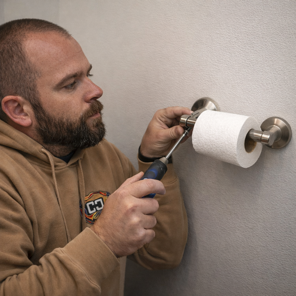 Colin Can Help handyman installing a toilet paper holder on a bathroom wall using a screwdriver