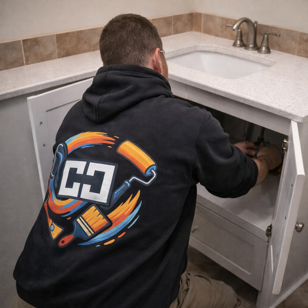 Colin Can Help handyman working under a bathroom vanity cabinet, installing plumbing in Northeast Ohio