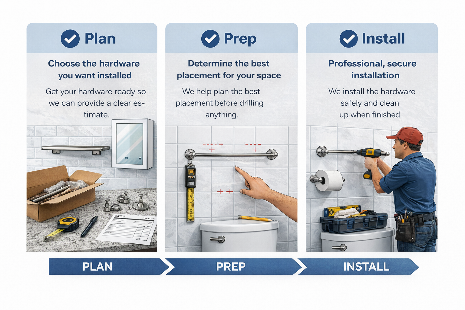 Three-step bathroom hardware installation process – plan, prep, and install grab bars and accessories professionally